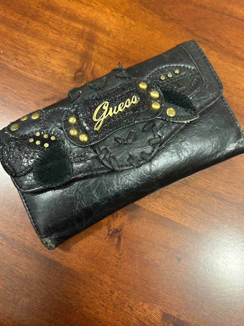 Vintage GUESS Black Studded Trifold Clutch Wallet Y2K Grunge Bifold Biker